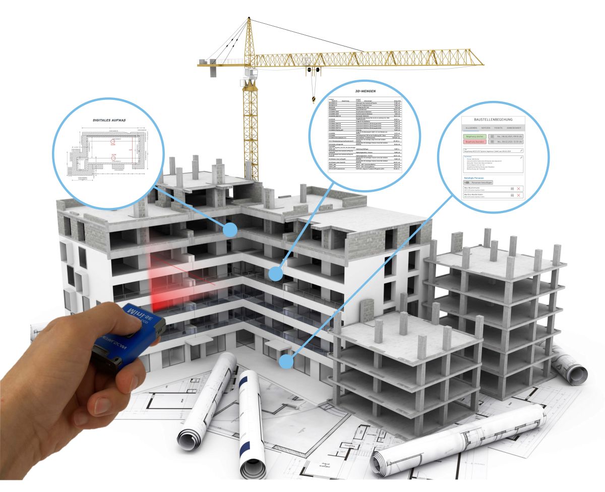 Baustelle mit Kran und 3D Modellen